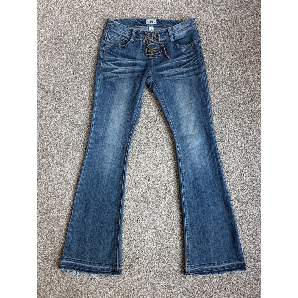 Mudd Vintage Y2K Blue Lace Up Fly Flare Jeans Low Rise Frayed Hem Size 7